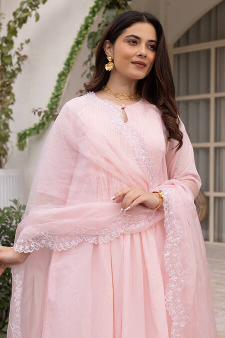 ASRUMO Pink Chanderi, Organza Lace, Embroidery Round Pleated Pintucked Kurta Pant Set at Aza Fashions ASRUMO_Pink Chanderi, Organza Lace, Embroidery Round Pleated Pintucked Kurta Pant Set _at_Aza_Fashions