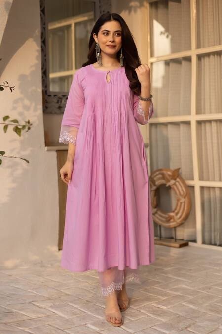 ASRUMO Pink Chanderi, Organza Lace Round Neck Pintucked Kurta Pant Set Online at Aza Fashions ASRUMO_Pink Chanderi, Organza Lace Round Neck Pintucked Kurta Pant Set _Online_at_Aza_Fashions