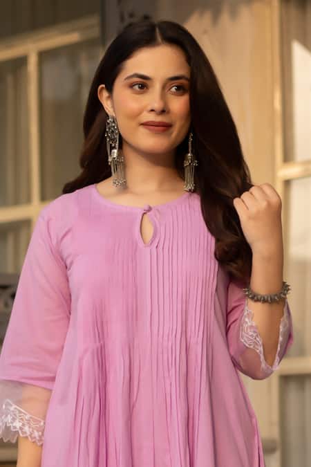 Buy ASRUMO Pink Chanderi, Organza Lace Round Neck Pintucked Kurta Pant Set Online at Aza Fashions Buy_ASRUMO_Pink Chanderi, Organza Lace Round Neck Pintucked Kurta Pant Set _Online_at_Aza_Fashions