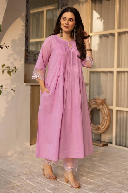 Shop ASRUMO Pink Chanderi, Organza Lace Round Neck Pintucked Kurta Pant Set Online at Aza Fashions Shop_ASRUMO_Pink Chanderi, Organza Lace Round Neck Pintucked Kurta Pant Set _Online_at_Aza_Fashions