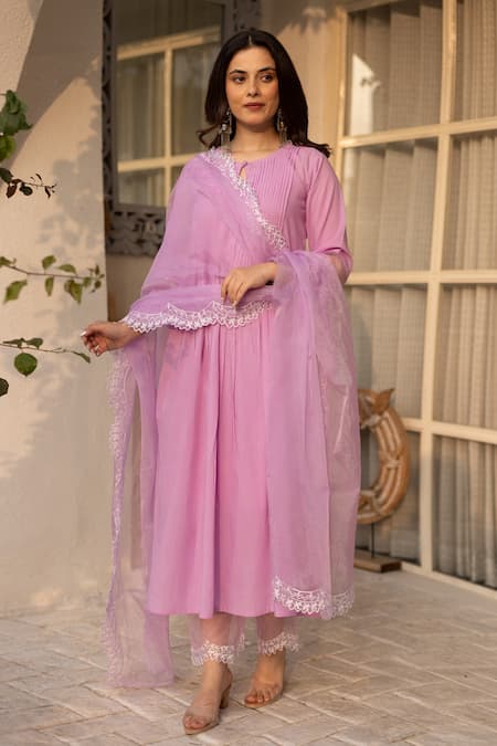 ASRUMO Pink Chanderi, Organza Lace Round Neck Pintucked Kurta Pant Set at Aza Fashions ASRUMO_Pink Chanderi, Organza Lace Round Neck Pintucked Kurta Pant Set _at_Aza_Fashions