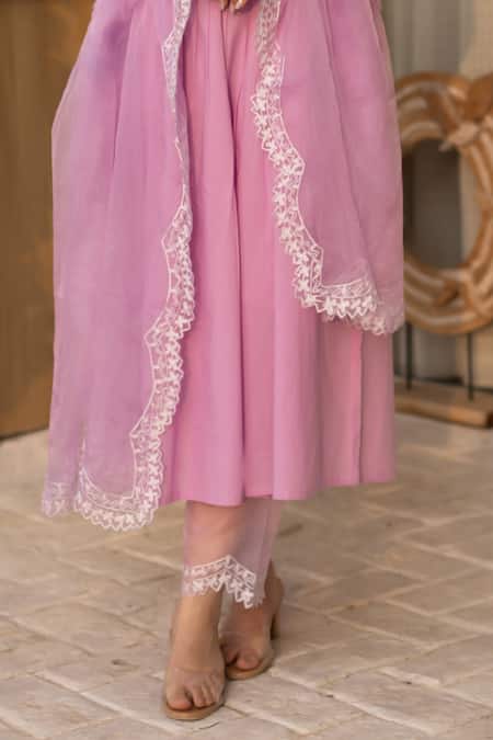 Buy ASRUMO Pink Chanderi, Organza Lace Round Neck Pintucked Kurta Pant Set Buy_ASRUMO_Pink Chanderi, Organza Lace Round Neck Pintucked Kurta Pant Set
