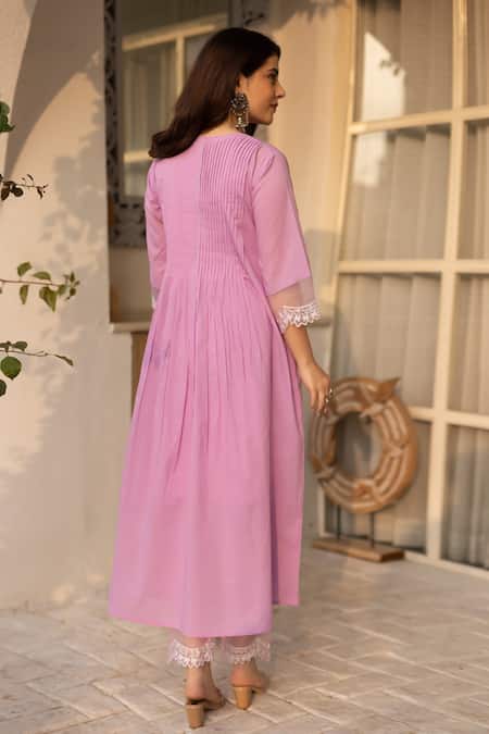 Shop ASRUMO Pink Chanderi, Organza Lace Round Neck Pintucked Kurta Pant Set at Aza Fashions Shop_ASRUMO_Pink Chanderi, Organza Lace Round Neck Pintucked Kurta Pant Set _at_Aza_Fashions