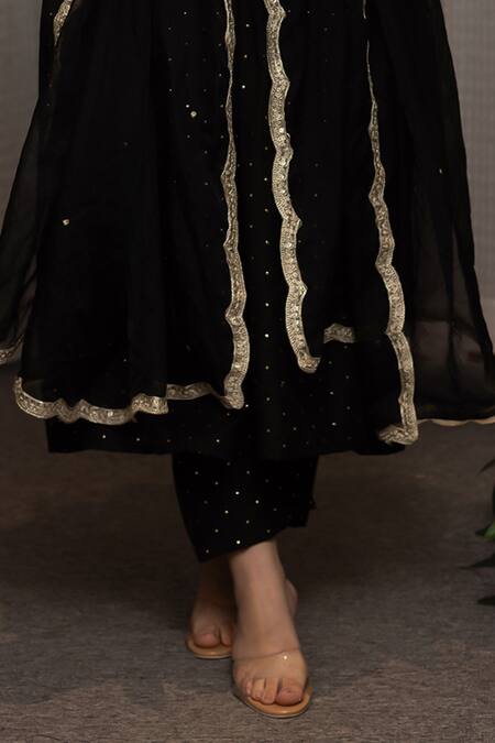 Buy ASRUMO Black Chanderi, Organza Mirrors Split V-neck Mukaish Embroidered Kurta Pant Set Online at Aza Fashions Buy_ASRUMO_Black Chanderi, Organza Mirrors Split V-neck Mukaish Embroidered Kurta Pant Set _Online_at_Aza_Fashions