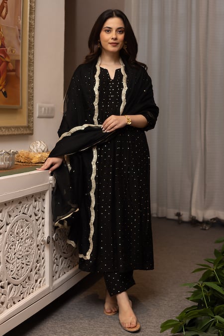 Shop ASRUMO Black Chanderi, Organza Mirrors Split V-neck Mukaish Embroidered Kurta Pant Set Online at Aza Fashions Shop_ASRUMO_Black Chanderi, Organza Mirrors Split V-neck Mukaish Embroidered Kurta Pant Set _Online_at_Aza_Fashions