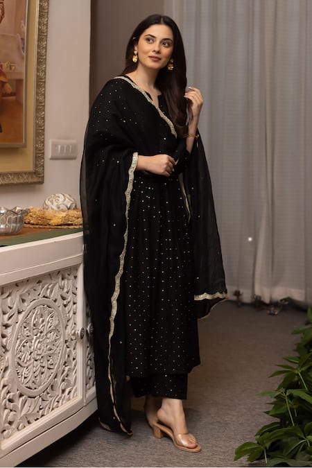 ASRUMO Black Chanderi, Organza Mirrors Split V-neck Mukaish Embroidered Kurta Pant Set at Aza Fashions ASRUMO_Black Chanderi, Organza Mirrors Split V-neck Mukaish Embroidered Kurta Pant Set _at_Aza_Fashions