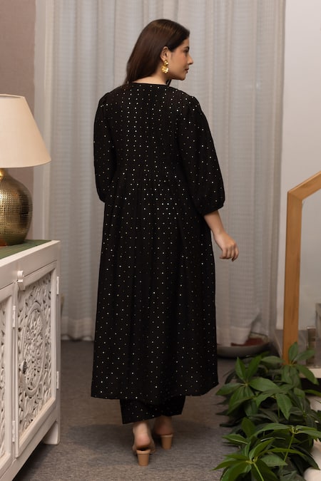 Shop ASRUMO Black Chanderi, Organza Mirrors Split V-neck Mukaish Embroidered Kurta Pant Set at Aza Fashions Shop_ASRUMO_Black Chanderi, Organza Mirrors Split V-neck Mukaish Embroidered Kurta Pant Set _at_Aza_Fashions