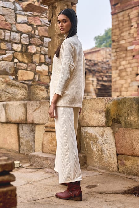 Shop_Dash And Dot_Ivory Spandex, Polyester Bandeau Neck Cable Knit Pattern Pullover And Pant Set _at_Aza_Fashions