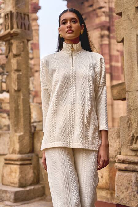 Dash And Dot_Ivory Spandex, Polyester Bandeau Neck Cable Knit Pattern Pullover And Pant Set _Online_at_Aza_Fashions