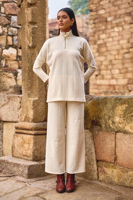 Buy_Dash And Dot_Ivory Spandex, Polyester Bandeau Neck Cable Knit Pattern Pullover And Pant Set _Online_at_Aza_Fashions
