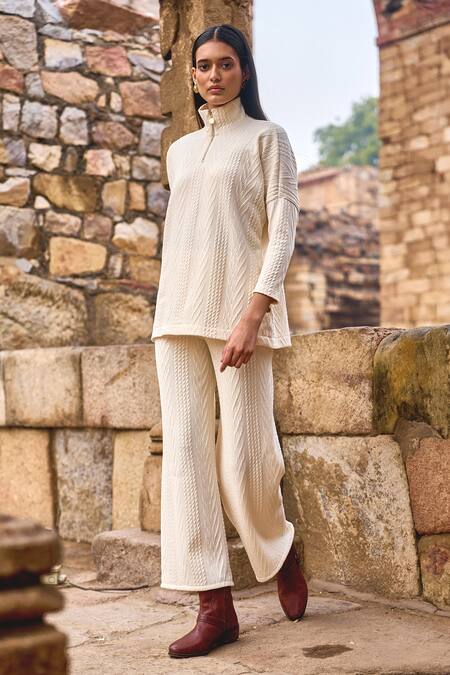 Shop_Dash And Dot_Ivory Spandex, Polyester Bandeau Neck Cable Knit Pattern Pullover And Pant Set _Online_at_Aza_Fashions