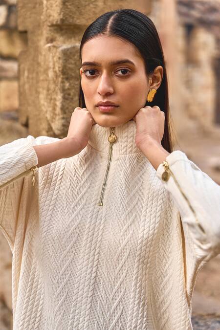 Dash And Dot_Ivory Spandex, Polyester Bandeau Neck Cable Knit Pattern Pullover And Pant Set _at_Aza_Fashions