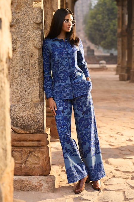 Shop Dash And Dot Blue Cotton Collared Porcelain Print Shirt And Pant Set at Aza Fashions Shop_Dash And Dot_Blue Cotton Collared Porcelain Print Shirt And Pant Set _at_Aza_Fashions