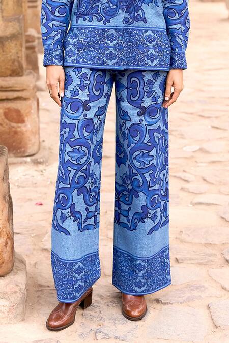 Dash And Dot Blue Cotton Collared Porcelain Print Shirt And Pant Set Online at Aza Fashions Dash And Dot_Blue Cotton Collared Porcelain Print Shirt And Pant Set _Online_at_Aza_Fashions