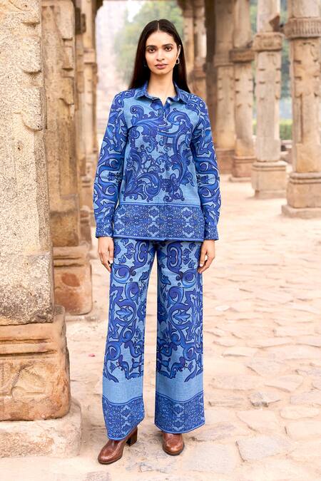 Dash And Dot Blue Cotton Collared Porcelain Print Shirt And Pant Set at Aza Fashions Dash And Dot_Blue Cotton Collared Porcelain Print Shirt And Pant Set _at_Aza_Fashions