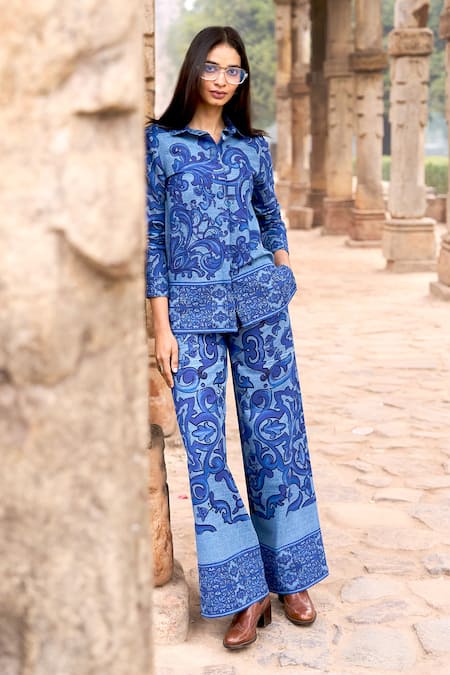 Buy Dash And Dot Blue Cotton Collared Porcelain Print Shirt And Pant Set Buy_Dash And Dot_Blue Cotton Collared Porcelain Print Shirt And Pant Set