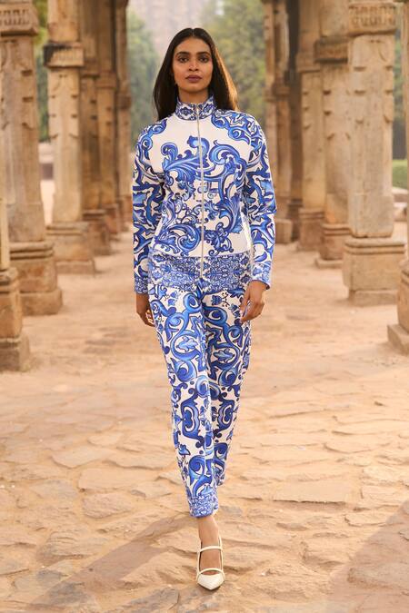 Dash And Dot_Blue Cotton, Polyester Bandeau Neck Ceramic Print Top And Pant Set _Online_at_Aza_Fashions