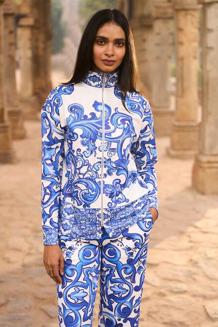 Shop_Dash And Dot_Blue Cotton, Polyester Bandeau Neck Ceramic Print Top And Pant Set _Online_at_Aza_Fashions