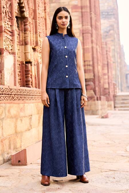 Dash And Dot Blue Polyester, Spandex Mandarin Collar Floral Pattern Sleeveless Jacket at Aza Fashions Dash And Dot_Blue Polyester, Spandex Mandarin Collar Floral Pattern Sleeveless Jacket _at_Aza_Fashions