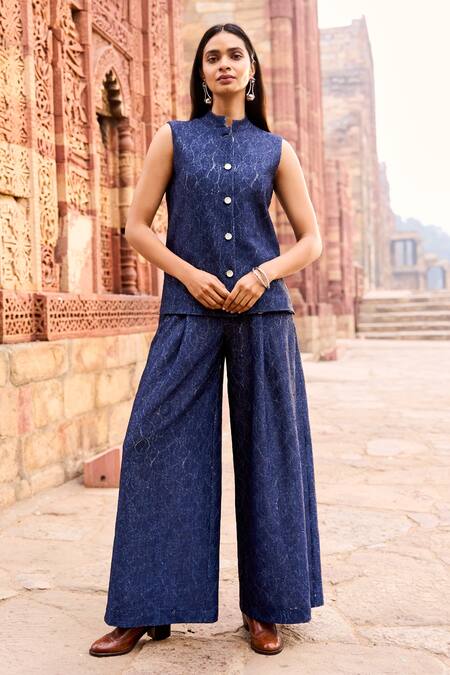 Shop_Dash And Dot_Blue Polyester, Spandex Bandeau Neck Floral Pattern Top And Flared Pant Set _Online_at_Aza_Fashions