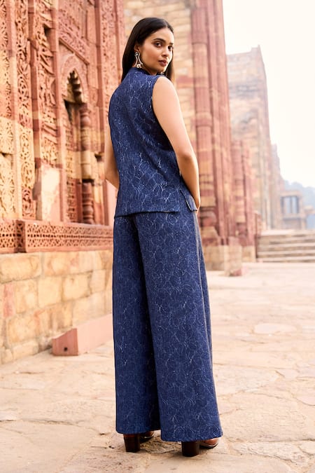 Shop Dash And Dot Blue Polyester, Spandex Floral Jacquard Weave Flared Pant at Aza Fashions Shop_Dash And Dot_Blue Polyester, Spandex Floral Jacquard Weave Flared Pant _at_Aza_Fashions