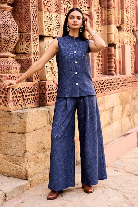 Dash And Dot Blue Polyester, Spandex Floral Jacquard Weave Flared Pant Online at Aza Fashions Dash And Dot_Blue Polyester, Spandex Floral Jacquard Weave Flared Pant _Online_at_Aza_Fashions