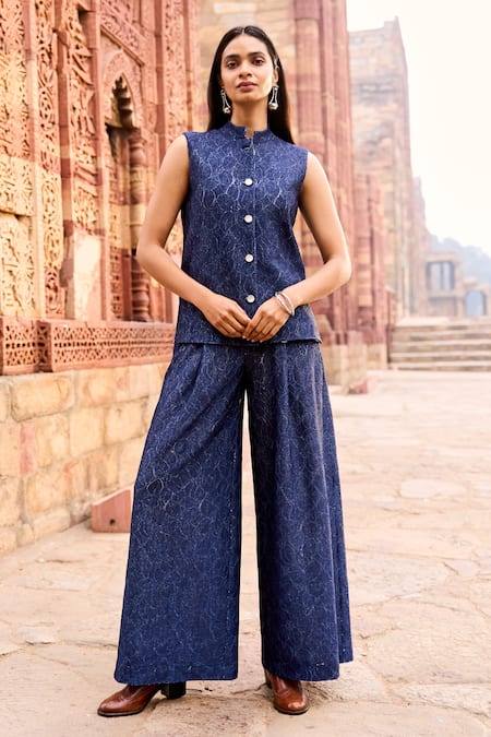 Shop Dash And Dot Blue Polyester, Spandex Floral Jacquard Weave Flared Pant Online at Aza Fashions Shop_Dash And Dot_Blue Polyester, Spandex Floral Jacquard Weave Flared Pant _Online_at_Aza_Fashions