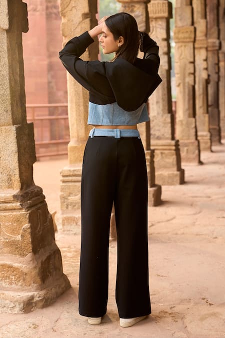 Shop_Dash And Dot_Black Viscose, Polyester, Spandex Bandeau Neck Colorblocked Hoodie And Pant Set _at_Aza_Fashions