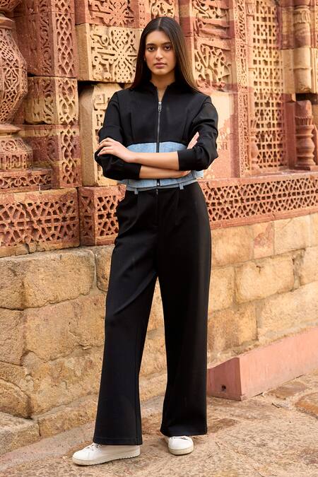 Dash And Dot_Black Viscose, Polyester, Spandex Bandeau Neck Colorblocked Hoodie And Pant Set _Online_at_Aza_Fashions