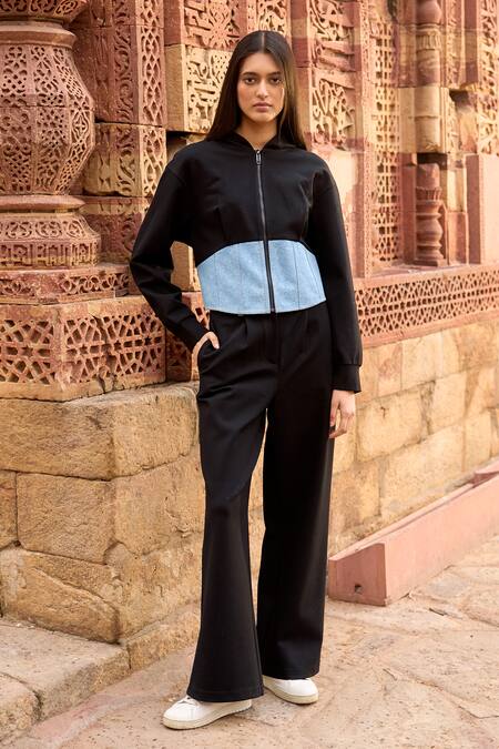 Buy_Dash And Dot_Black Viscose, Polyester, Spandex Bandeau Neck Colorblocked Hoodie And Pant Set _Online_at_Aza_Fashions