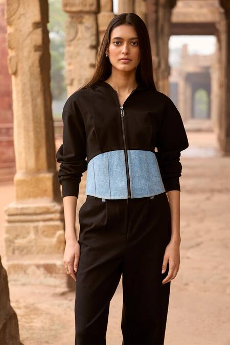 Shop_Dash And Dot_Black Viscose, Polyester, Spandex Bandeau Neck Colorblocked Hoodie And Pant Set _Online_at_Aza_Fashions