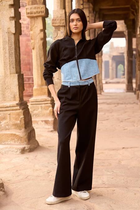 Dash And Dot_Black Viscose, Polyester, Spandex Bandeau Neck Colorblocked Hoodie And Pant Set _at_Aza_Fashions