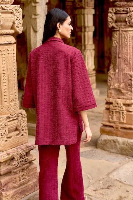 Shop_Dash And Dot_Maroon Polyester Collared Textured Knit Top And Pant Set _at_Aza_Fashions
