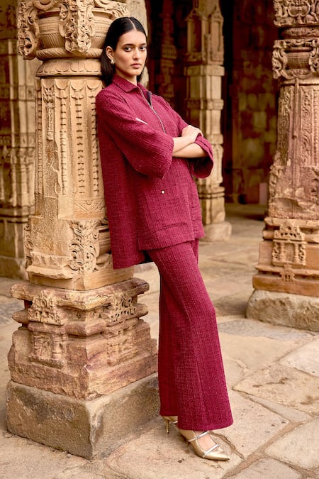 Dash And Dot_Maroon Polyester Collared Textured Knit Top And Pant Set _Online_at_Aza_Fashions