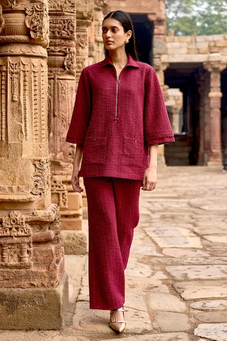 Buy_Dash And Dot_Maroon Polyester Collared Textured Knit Top And Pant Set _Online_at_Aza_Fashions