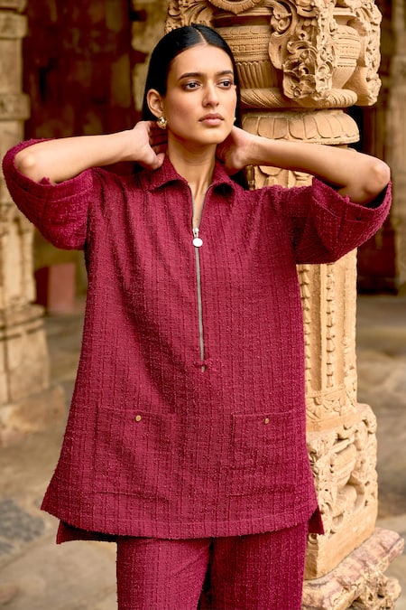 Shop_Dash And Dot_Maroon Polyester Collared Textured Knit Top And Pant Set _Online_at_Aza_Fashions