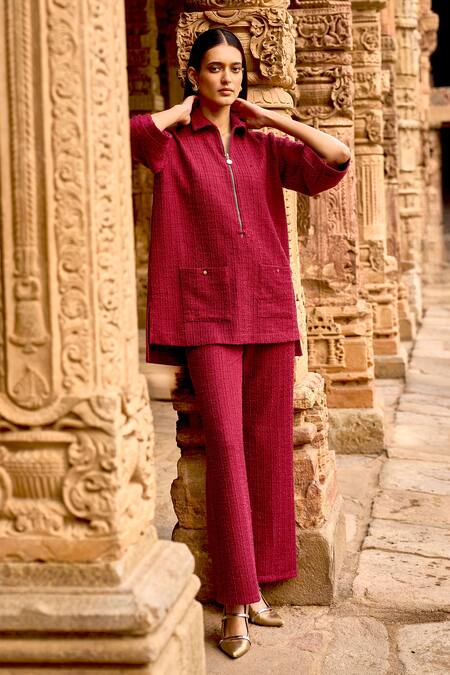 Dash And Dot_Maroon Polyester Collared Textured Knit Top And Pant Set _at_Aza_Fashions