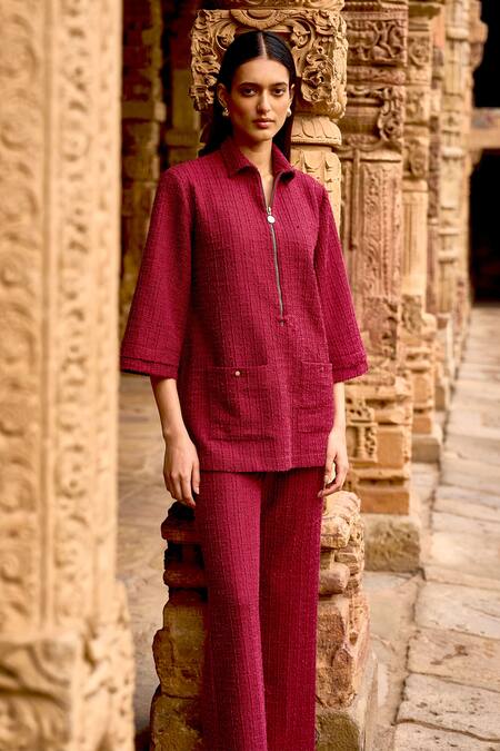 Buy_Dash And Dot_Maroon Polyester Collared Textured Knit Top And Pant Set 