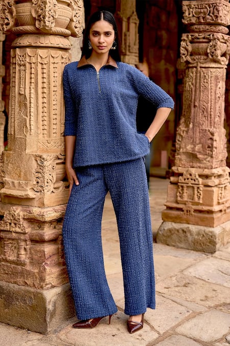 Dash And Dot Blue Polyester, Spandex Collared Knit Top And Pant Set