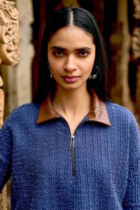 Dash And Dot_Blue Polyester, Spandex Collared Knit Top And Pant Set_Online_at_Aza_Fashions