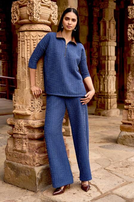 Buy_Dash And Dot_Blue Polyester, Spandex Collared Knit Top And Pant Set_Online_at_Aza_Fashions