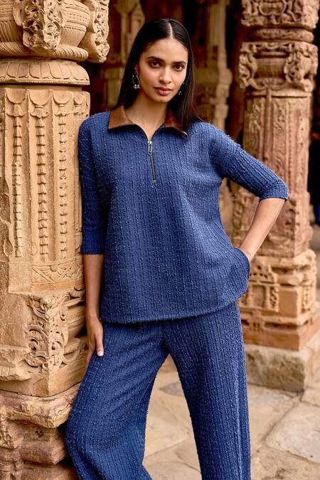 Shop_Dash And Dot_Blue Polyester, Spandex Collared Knit Top And Pant Set_Online_at_Aza_Fashions