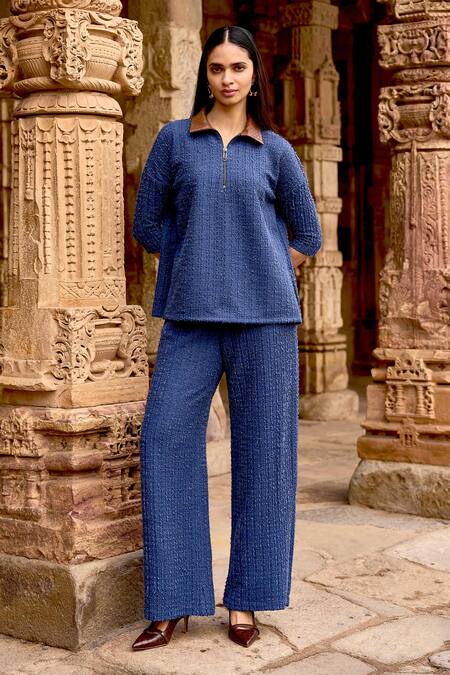 Dash And Dot_Blue Polyester, Spandex Collared Knit Top And Pant Set_at_Aza_Fashions