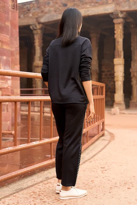 Shop_Dash And Dot_Black Cotton, Polyester Stones High Swarovski Crystal Embellished Top And Pant _at_Aza_Fashions
