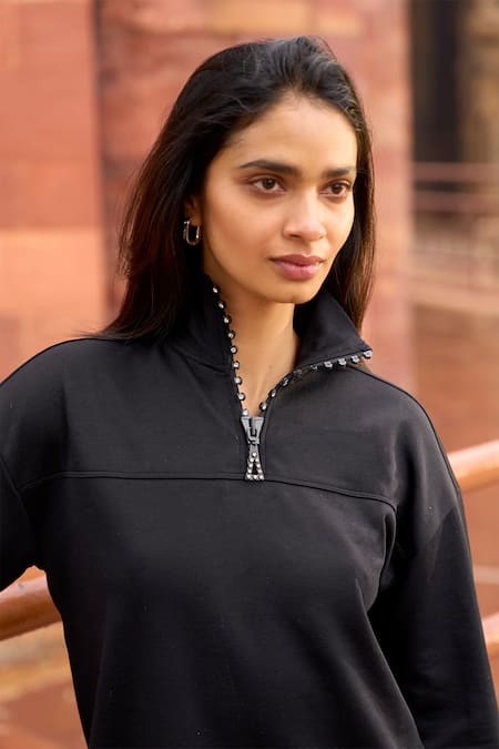 Dash And Dot_Black Cotton, Polyester Stones High Swarovski Crystal Embellished Top And Pant _Online_at_Aza_Fashions