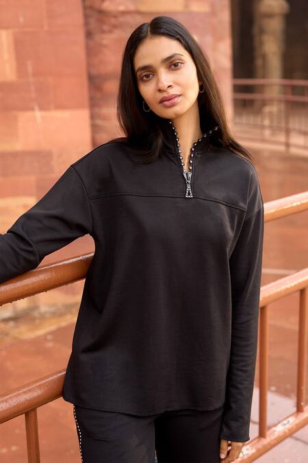 Buy_Dash And Dot_Black Cotton, Polyester Stones High Swarovski Crystal Embellished Top And Pant _Online_at_Aza_Fashions