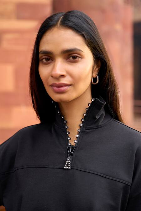 Shop_Dash And Dot_Black Cotton, Polyester Stones High Swarovski Crystal Embellished Top And Pant _Online_at_Aza_Fashions