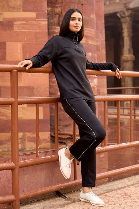 Dash And Dot_Black Cotton, Polyester Stones High Swarovski Crystal Embellished Top And Pant _at_Aza_Fashions