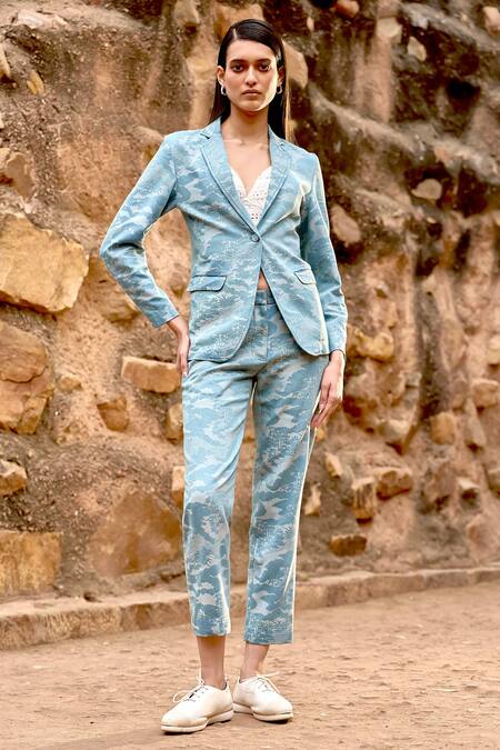 Shop Dash And Dot Blue Cotton, Polyester, Lycra Scenery Weave Blazer Online at Aza Fashions Shop_Dash And Dot_Blue Cotton, Polyester, Lycra Scenery Weave Blazer _Online_at_Aza_Fashions