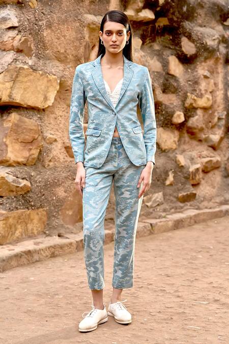 Dash And Dot_Blue Cotton, Polyester Scenery Weave Blazer And Pant Set _at_Aza_Fashions